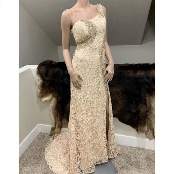 New Gorgeous Floral Lace With Beaded One Shoulder Gown - Picture 5 of 14